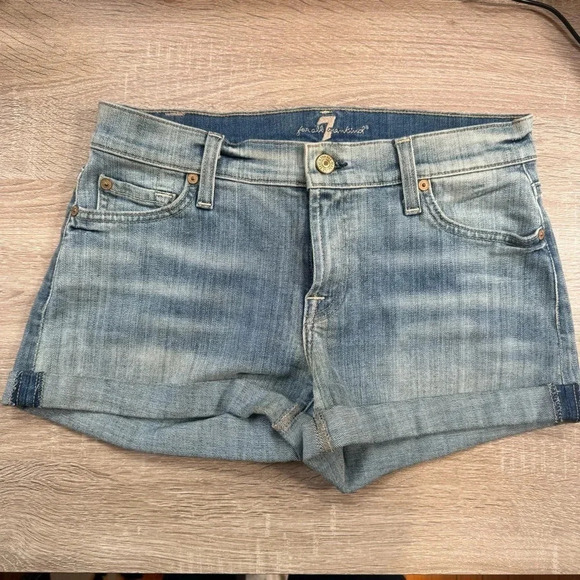 7 For All Mankind Roll Up Jean Shorts Mid Rise Denim Medium Blue - Picture 1 of 12